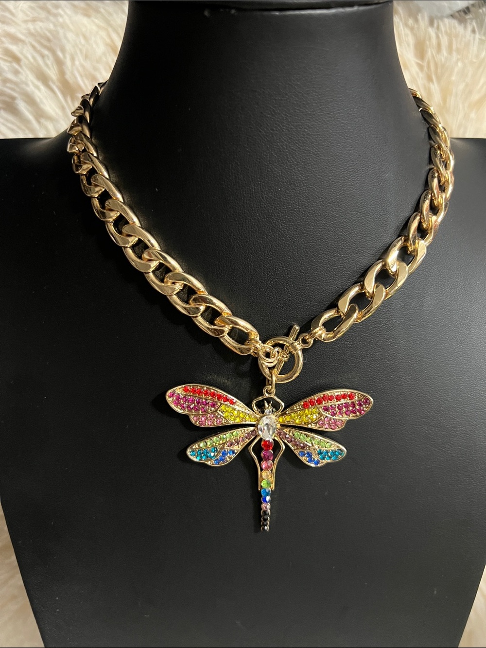 Gold Chain Necklace with Multicolor Dragonfly Pendant
